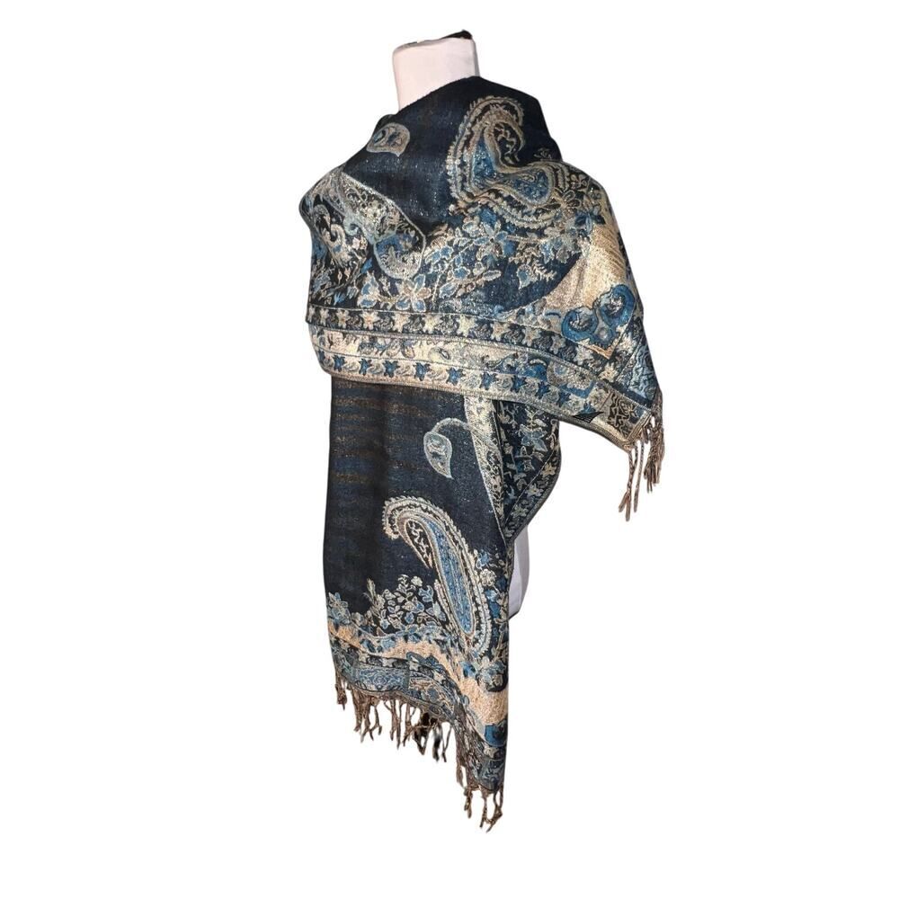 Paisley metallic blue, gold fringe‎ shawl scarf, sarong bohemian GypsyGoth - Picture 7 of 15